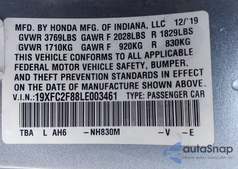 2020 Honda Civic Sport z USA, uszkodzony, nr VIN 19XFC2F88LE003461